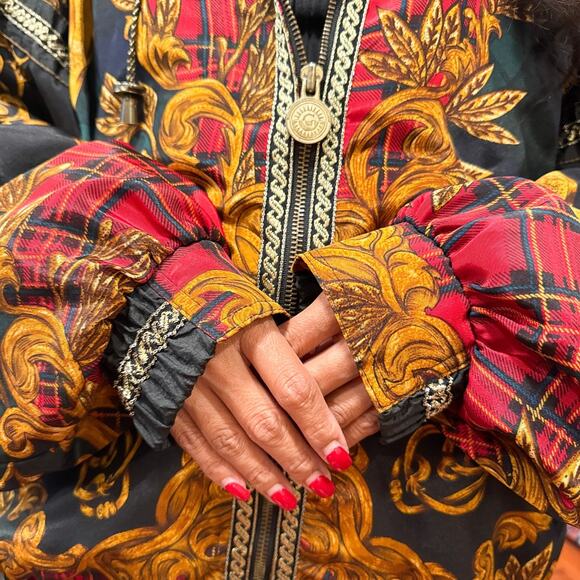 Vintage Giacca Sport Baroque Plaid Unisex Windbreaker Jacket Gold Scroll M/L - Picture 13 of 15
